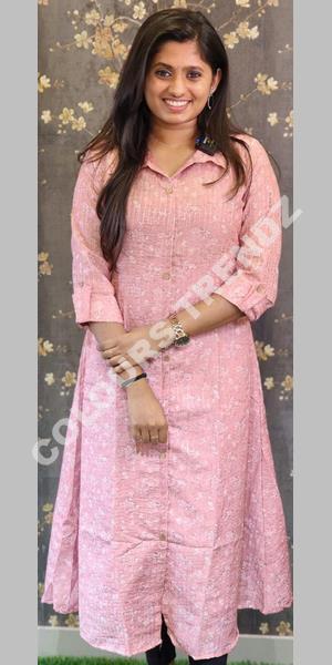 26 04 Georgette Type Semi Silk Ajrak Print Shirt Collar Kurti