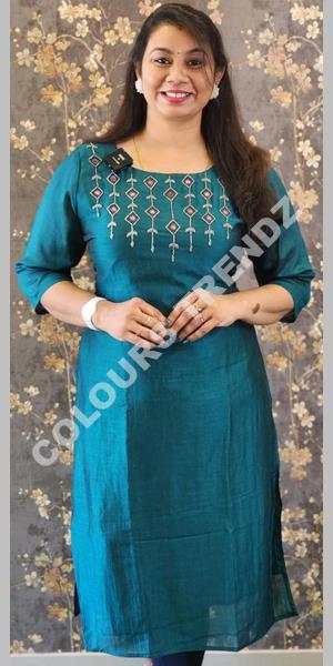 25 05 Vichithra Silk Hand Worked Slitted Kurti Peacock Green 25 05